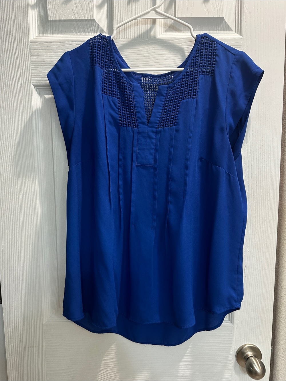 Daniel Rainn Royal Blue Crochet Yoke Cap Sleeve Blouse